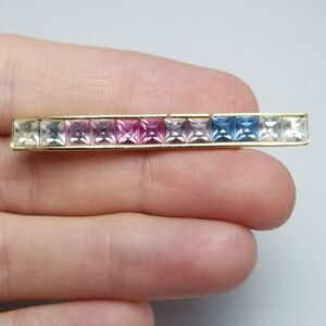 Vintage Givenchy Pastel Pink Blue Rhinestone Bar Brooch, Gold Tone, Signed Estat